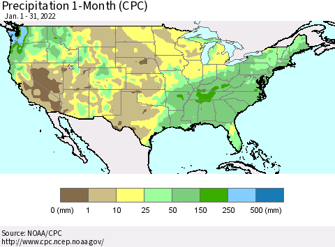 United States Precipitation 1-Month (CPC) Thematic Map For 1/1/2022 - 1/31/2022