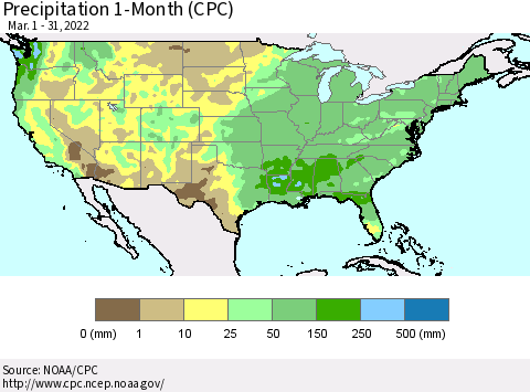 United States Precipitation 1-Month (CPC) Thematic Map For 3/1/2022 - 3/31/2022