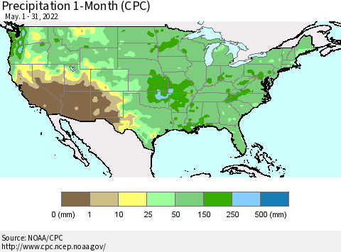 United States Precipitation 1-Month (CPC) Thematic Map For 5/1/2022 - 5/31/2022