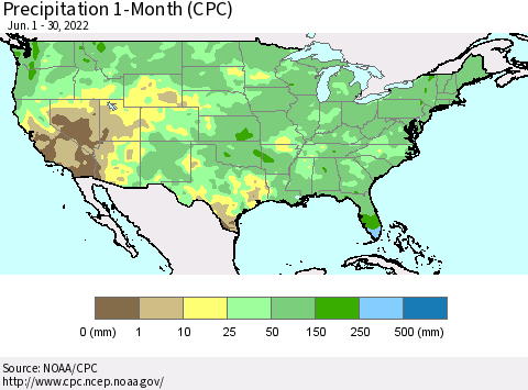 United States Precipitation 1-Month (CPC) Thematic Map For 6/1/2022 - 6/30/2022