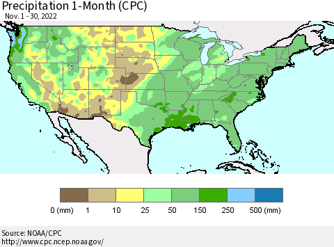 United States Precipitation 1-Month (CPC) Thematic Map For 11/1/2022 - 11/30/2022