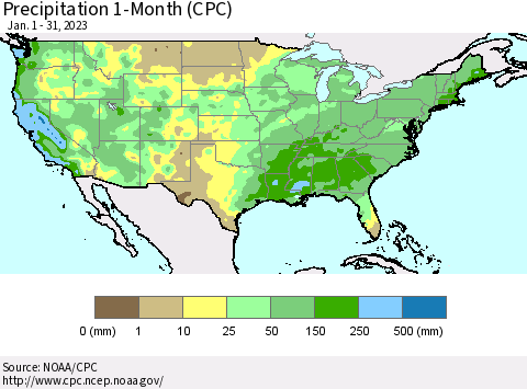 United States Precipitation 1-Month (CPC) Thematic Map For 1/1/2023 - 1/31/2023