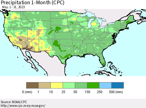 United States Precipitation 1-Month (CPC) Thematic Map For 5/1/2023 - 5/31/2023