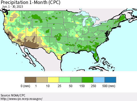 United States Precipitation 1-Month (CPC) Thematic Map For 6/1/2023 - 6/30/2023