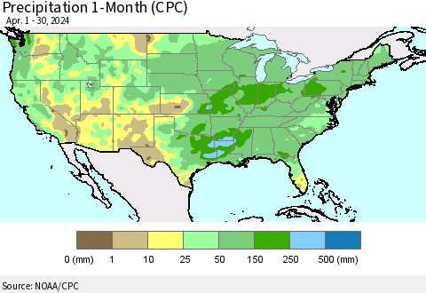 United States Precipitation 1-Month (CPC) Thematic Map For 4/1/2024 - 4/30/2024