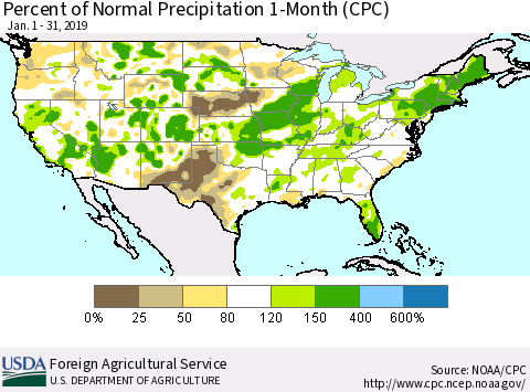 United States Percent of Normal Precipitation 1-Month (CPC) Thematic Map For 1/1/2019 - 1/31/2019