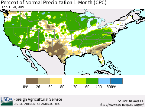 United States Percent of Normal Precipitation 1-Month (CPC) Thematic Map For 2/1/2019 - 2/28/2019