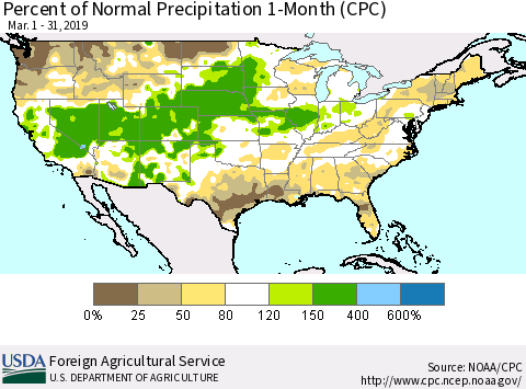 United States Percent of Normal Precipitation 1-Month (CPC) Thematic Map For 3/1/2019 - 3/31/2019