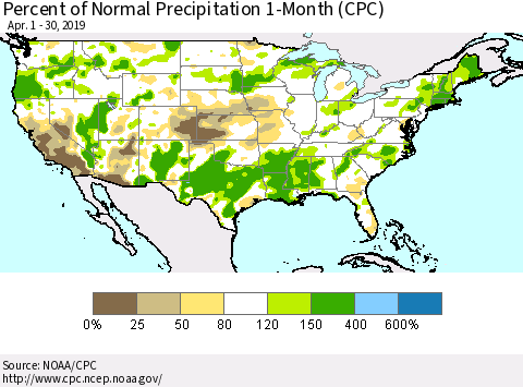 United States Percent of Normal Precipitation 1-Month (CPC) Thematic Map For 4/1/2019 - 4/30/2019