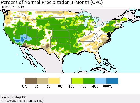 United States Percent of Normal Precipitation 1-Month (CPC) Thematic Map For 5/1/2019 - 5/31/2019