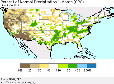 United States Percent of Normal Precipitation 1-Month (CPC) Thematic Map For 6/1/2019 - 6/30/2019