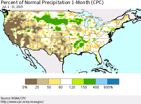 United States Percent of Normal Precipitation 1-Month (CPC) Thematic Map For 7/1/2019 - 7/31/2019