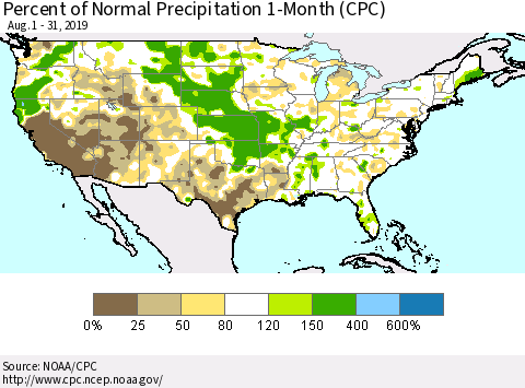 United States Percent of Normal Precipitation 1-Month (CPC) Thematic Map For 8/1/2019 - 8/31/2019