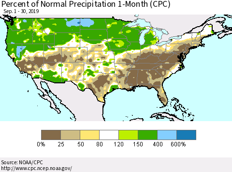 United States Percent of Normal Precipitation 1-Month (CPC) Thematic Map For 9/1/2019 - 9/30/2019