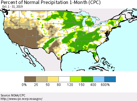 United States Percent of Normal Precipitation 1-Month (CPC) Thematic Map For 10/1/2019 - 10/31/2019