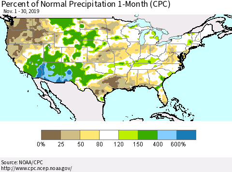 United States Percent of Normal Precipitation 1-Month (CPC) Thematic Map For 11/1/2019 - 11/30/2019