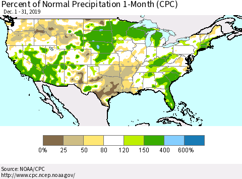 United States Percent of Normal Precipitation 1-Month (CPC) Thematic Map For 12/1/2019 - 12/31/2019