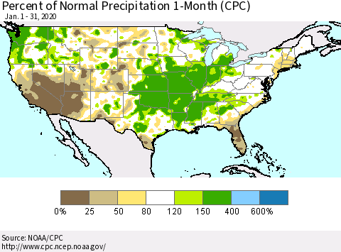 United States Percent of Normal Precipitation 1-Month (CPC) Thematic Map For 1/1/2020 - 1/31/2020