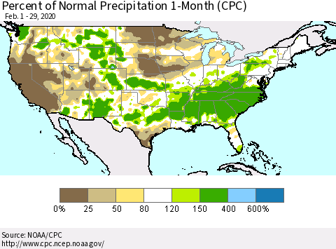 United States Percent of Normal Precipitation 1-Month (CPC) Thematic Map For 2/1/2020 - 2/29/2020