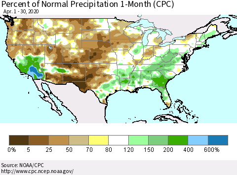 United States Percent of Normal Precipitation 1-Month (CPC) Thematic Map For 4/1/2020 - 4/30/2020