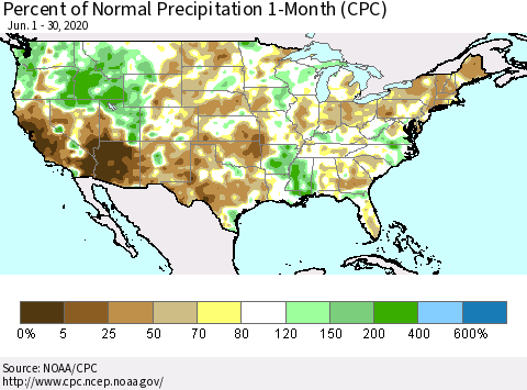 United States Percent of Normal Precipitation 1-Month (CPC) Thematic Map For 6/1/2020 - 6/30/2020
