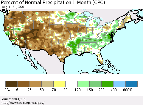 United States Percent of Normal Precipitation 1-Month (CPC) Thematic Map For 8/1/2020 - 8/31/2020