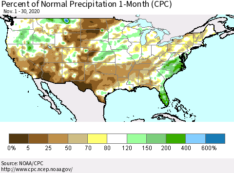 United States Percent of Normal Precipitation 1-Month (CPC) Thematic Map For 11/1/2020 - 11/30/2020