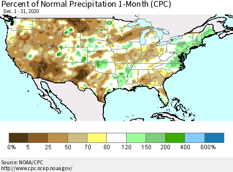 United States Percent of Normal Precipitation 1-Month (CPC) Thematic Map For 12/1/2020 - 12/31/2020