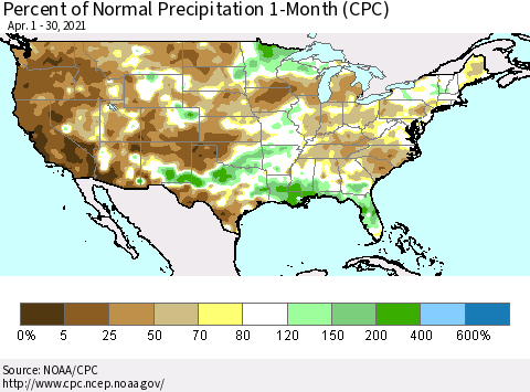 United States Percent of Normal Precipitation 1-Month (CPC) Thematic Map For 4/1/2021 - 4/30/2021