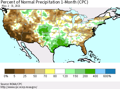 United States Percent of Normal Precipitation 1-Month (CPC) Thematic Map For 5/1/2021 - 5/31/2021