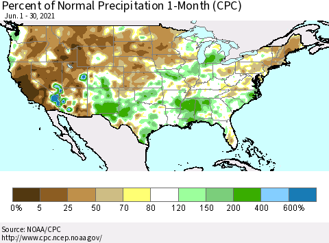 United States Percent of Normal Precipitation 1-Month (CPC) Thematic Map For 6/1/2021 - 6/30/2021