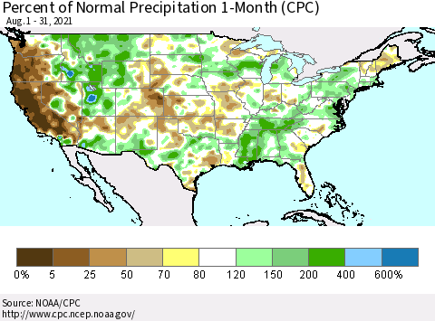 United States Percent of Normal Precipitation 1-Month (CPC) Thematic Map For 8/1/2021 - 8/31/2021