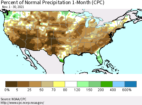 United States Percent of Normal Precipitation 1-Month (CPC) Thematic Map For 11/1/2021 - 11/30/2021