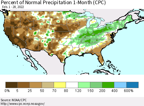 United States Percent of Normal Precipitation 1-Month (CPC) Thematic Map For 2/1/2022 - 2/28/2022