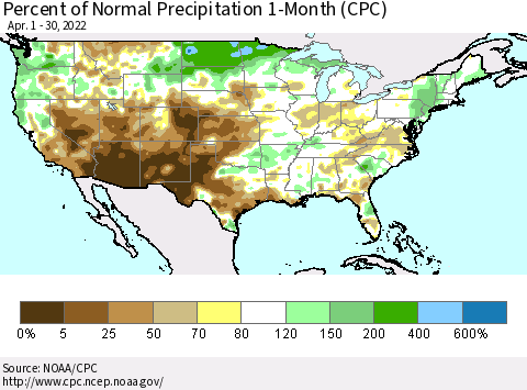 United States Percent of Normal Precipitation 1-Month (CPC) Thematic Map For 4/1/2022 - 4/30/2022