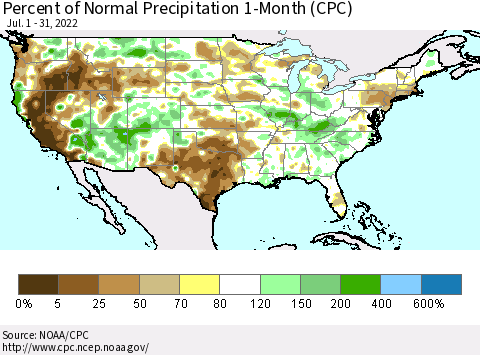 United States Percent of Normal Precipitation 1-Month (CPC) Thematic Map For 7/1/2022 - 7/31/2022