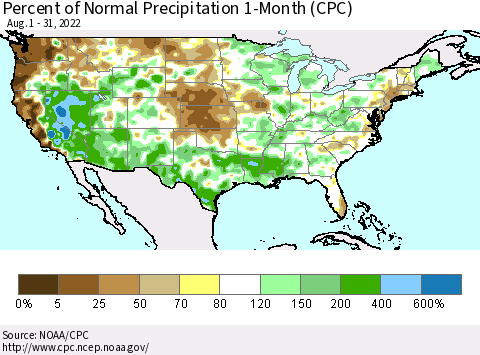 United States Percent of Normal Precipitation 1-Month (CPC) Thematic Map For 8/1/2022 - 8/31/2022