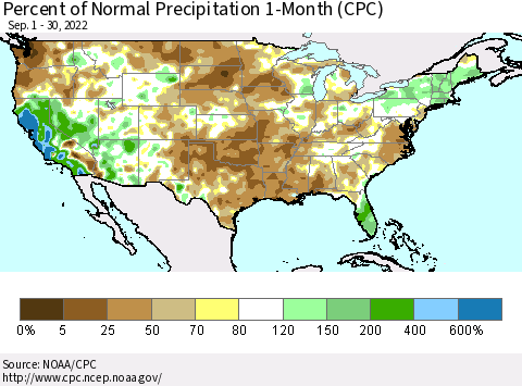 United States Percent of Normal Precipitation 1-Month (CPC) Thematic Map For 9/1/2022 - 9/30/2022
