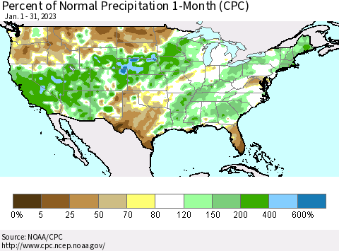 United States Percent of Normal Precipitation 1-Month (CPC) Thematic Map For 1/1/2023 - 1/31/2023