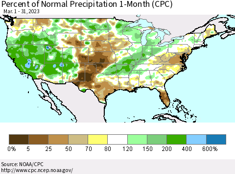 United States Percent of Normal Precipitation 1-Month (CPC) Thematic Map For 3/1/2023 - 3/31/2023