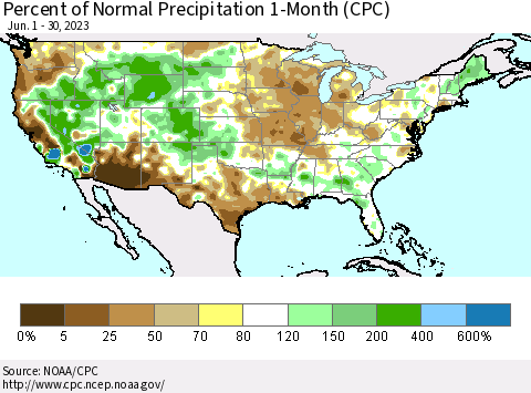 United States Percent of Normal Precipitation 1-Month (CPC) Thematic Map For 6/1/2023 - 6/30/2023