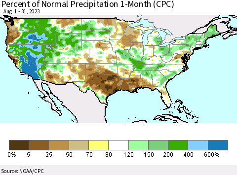 United States Percent of Normal Precipitation 1-Month (CPC) Thematic Map For 8/1/2023 - 8/31/2023