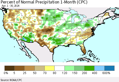United States Percent of Normal Precipitation 1-Month (CPC) Thematic Map For 4/1/2024 - 4/30/2024
