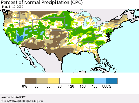 United States Percent of Normal Precipitation (CPC) Thematic Map For 3/4/2019 - 3/10/2019