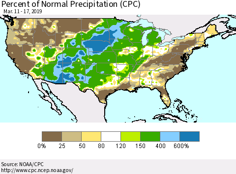 United States Percent of Normal Precipitation (CPC) Thematic Map For 3/11/2019 - 3/17/2019