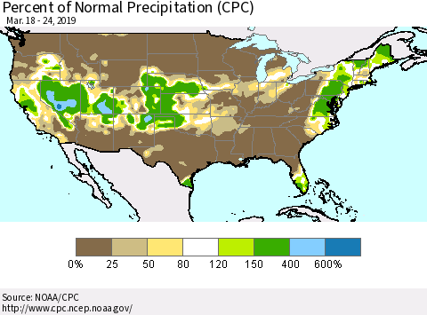 United States Percent of Normal Precipitation (CPC) Thematic Map For 3/18/2019 - 3/24/2019