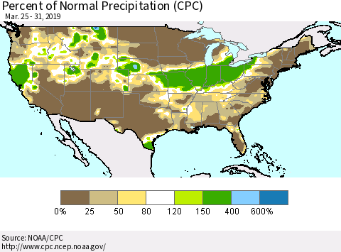 United States Percent of Normal Precipitation (CPC) Thematic Map For 3/25/2019 - 3/31/2019