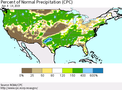 United States Percent of Normal Precipitation (CPC) Thematic Map For 4/8/2019 - 4/14/2019
