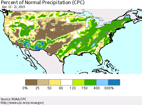United States Percent of Normal Precipitation (CPC) Thematic Map For 4/15/2019 - 4/21/2019