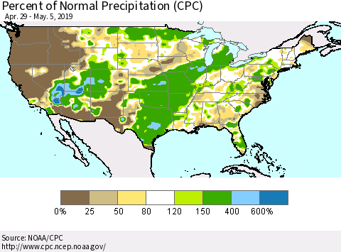 United States Percent of Normal Precipitation (CPC) Thematic Map For 4/29/2019 - 5/5/2019